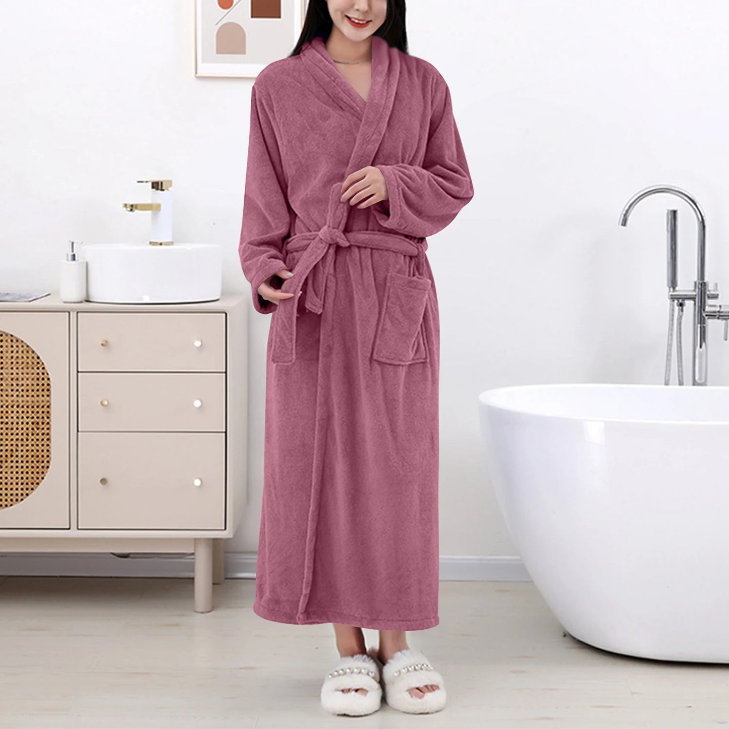 Women's Coral Fleece Robe Autumn Winter New Style Medium Length Home Indoor Wear Warmth Comfortable Sleepwear Nightgown