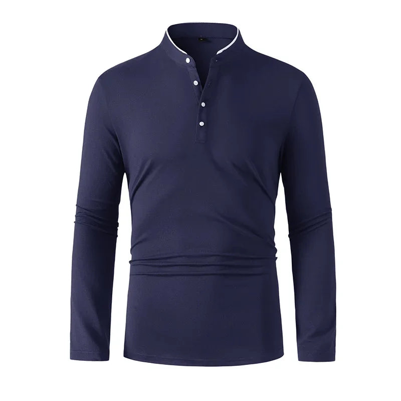2025 New Men's Casual and Fashionable Solid Color Long Sleeved Stand Up Collar T-shirt Summer Versatile and Comfortable Top