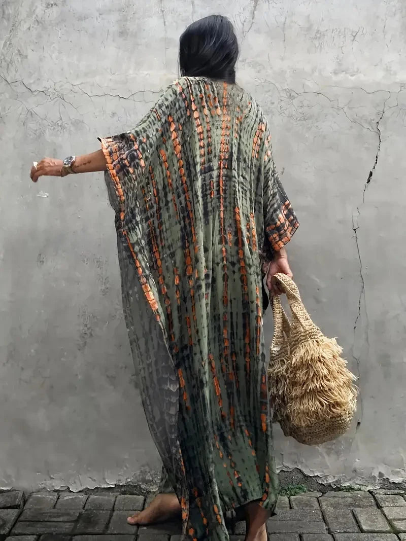 2025 Spring and Summer Smudged Positioning Printed Long Vacation Beach Skirt Bikini Cover-Up Swimsuit Sun Protection Jacket