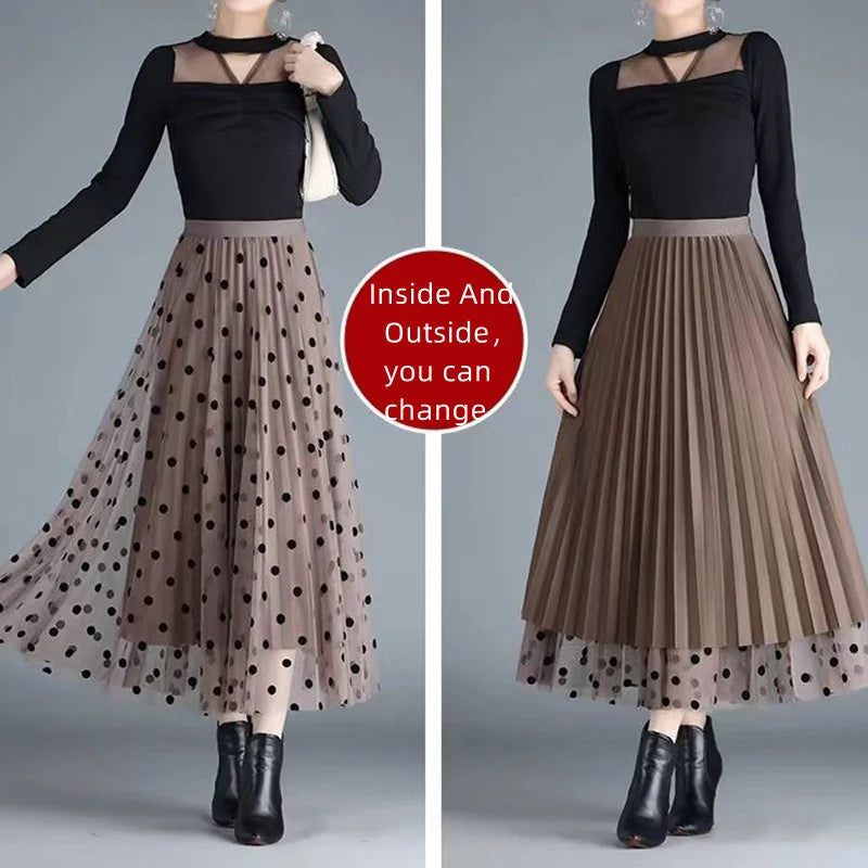 Women's Mesh Flower Skirts 2024 Autumn Winter Lace Flocking Big Swing Elastic High Waist Fashion Elegant A-line White Skirt Dot