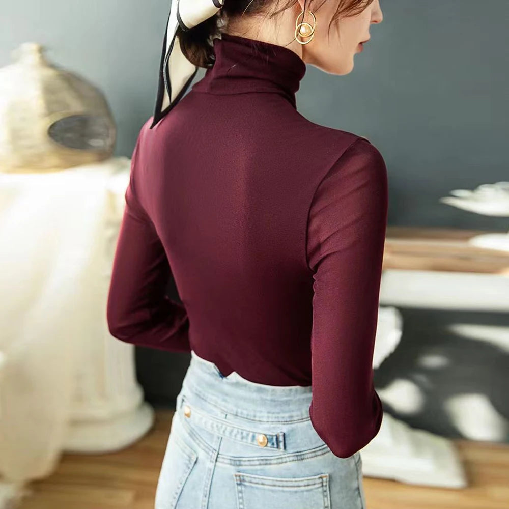 Women's Mesh T Shirt White Coffee Purple S-4XL High-neck Long Sleeve Shirt Women Slim Stretch Bottoming Tops Sexy Tees Ladies