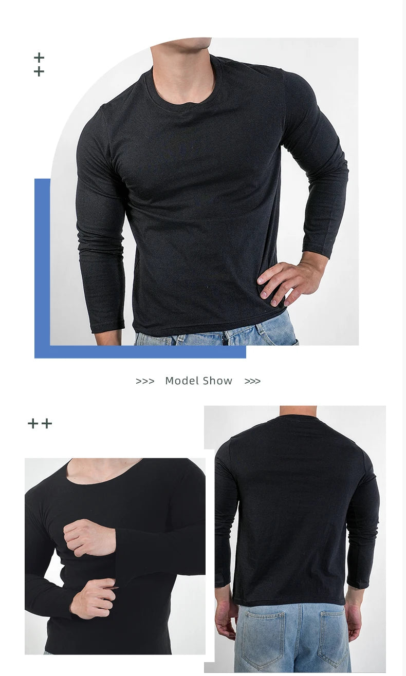 1PC Cotton Mens O-Neck T Shirts Casual Long Sleeve Top Moisture Wicking Heavyweight Tees Tanks Classic Loose Fit Tshirts for Men