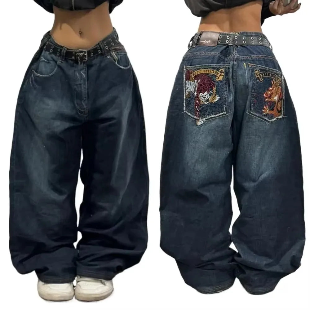 Y2K Hip-hop Stitching Fashion Joker Retro Jeans Female Korean Casual Simple Dress Essential Wide-leg Pants Loose  Joker Overalls