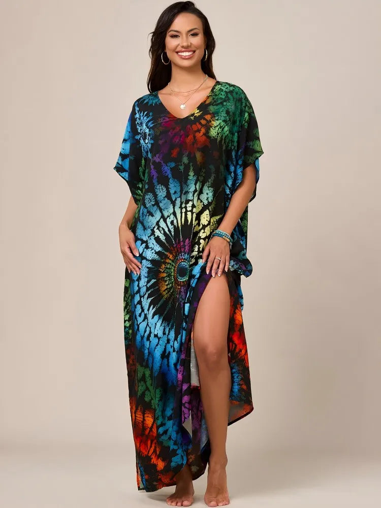 Women's Summer Ethnic Style Kaftan - V-Neck Side Slit Resort Cover-Up Dress for Bikini & Loungewear