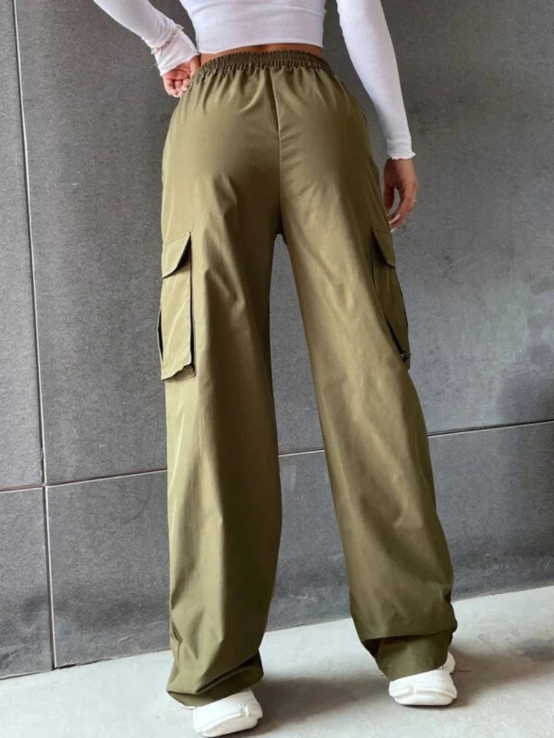 Y2K Solid Ripped Baggy Pants Fashion Women Pocket Elastic Waist Retro Straight Sweatpant Casual Streetwear Cargo New Trousers