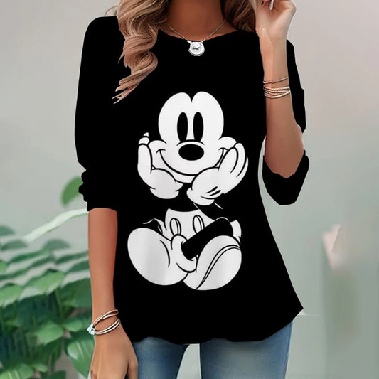 Women's Spring and Autumn New S-3XL Large T-shirt Solid Color Long Sleeve Loose Disney's Mickey Mouse Casual Harajuku Waist T-sh