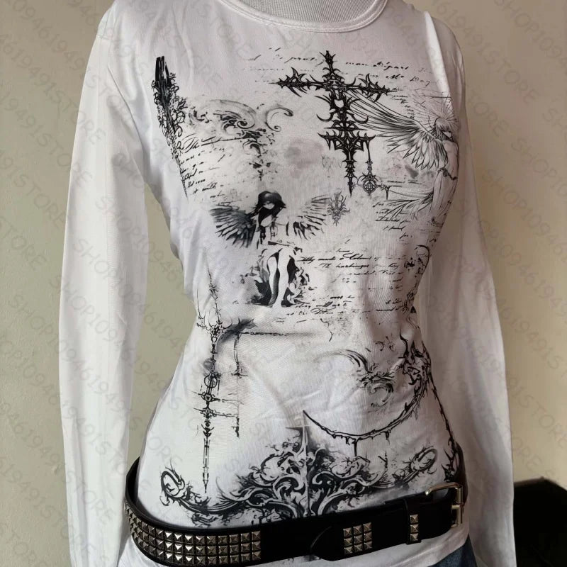Y2k style aesthetic sweet and sexy long sleeved top for women's casual gothic punk printed T-shirt Harajuku Grunge clothes Emo