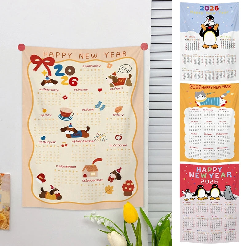 2026 New Year Tapestry 2026 Calendar Backdrop Cloth Dormitory Bedroom Decorative Background Cloth INS Wall Hanging Blanket
