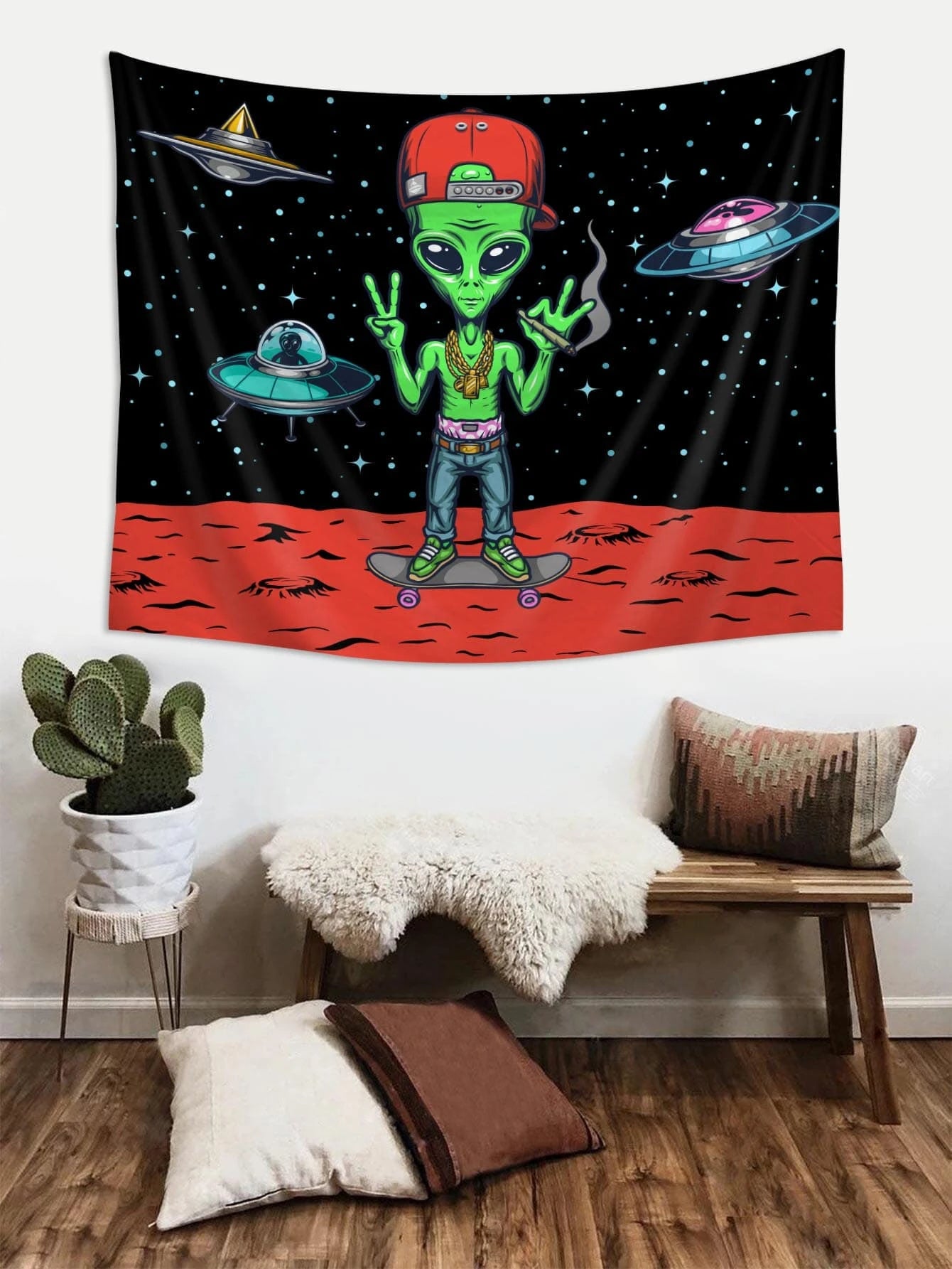 1pc Alien Pattern Tapestry, Cartoon Planet & Spaceship Print Hanging Blanket For Home Decoration, Flag For Room, Room Decor