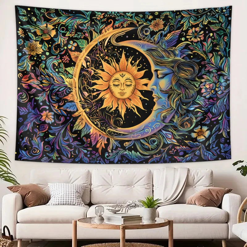 1PC Sun and Moon tapestry, mysterious floral tapestry, hippie style floral plant wall retro aesthetic tapestry