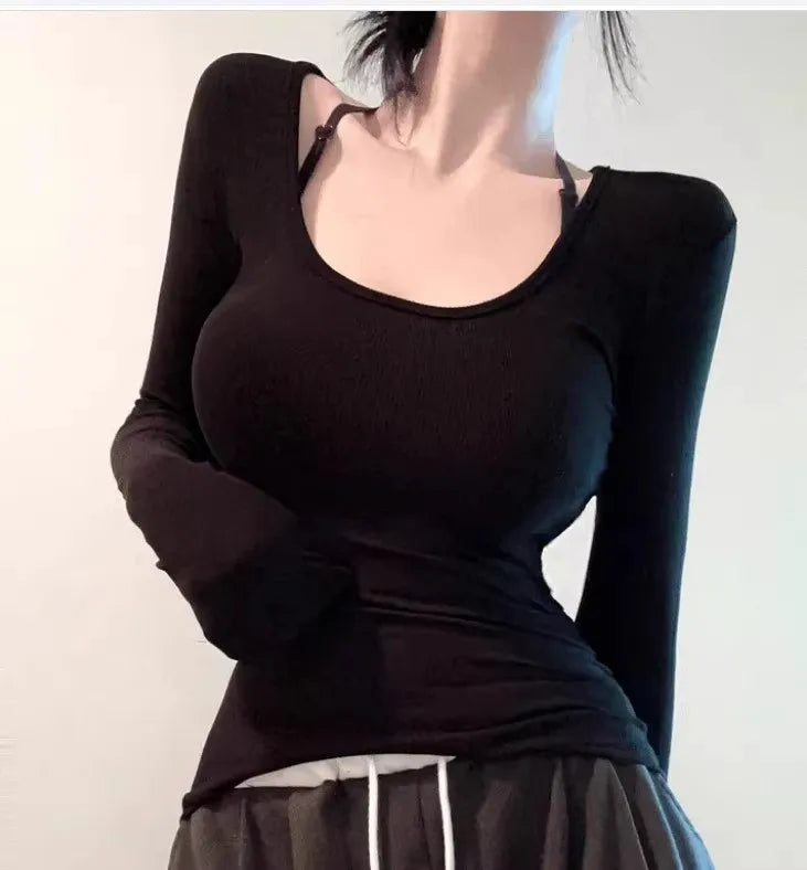 2026 Top Women Long Sleeve T-shirts Square Neck Slim Fit Basic Elasticity Tee Y2K Streetwear Fashion Spring Sexy Trendy Clothing