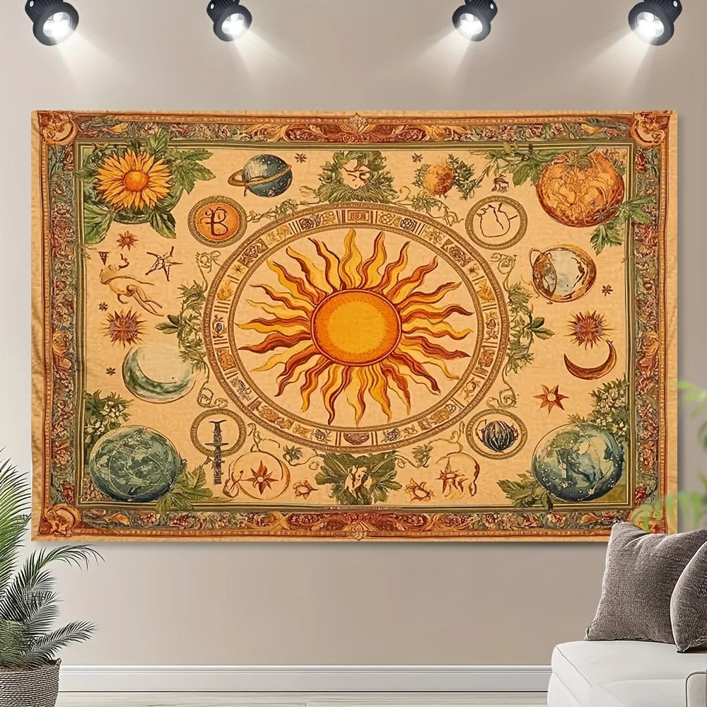 1pc Bohemian celestial tapestry with sun, moon, sunflower and butterfly pattern - Vibrant yellow polyester wall hanging