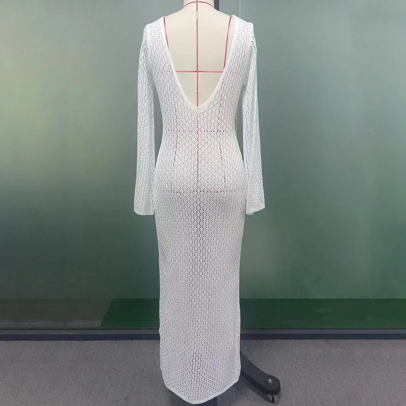 Women's Openwork Knitted Long Dresses 2024 Summer Beach V-Neck Backless Maxi Dress Bikini Cover-ups Beachwear