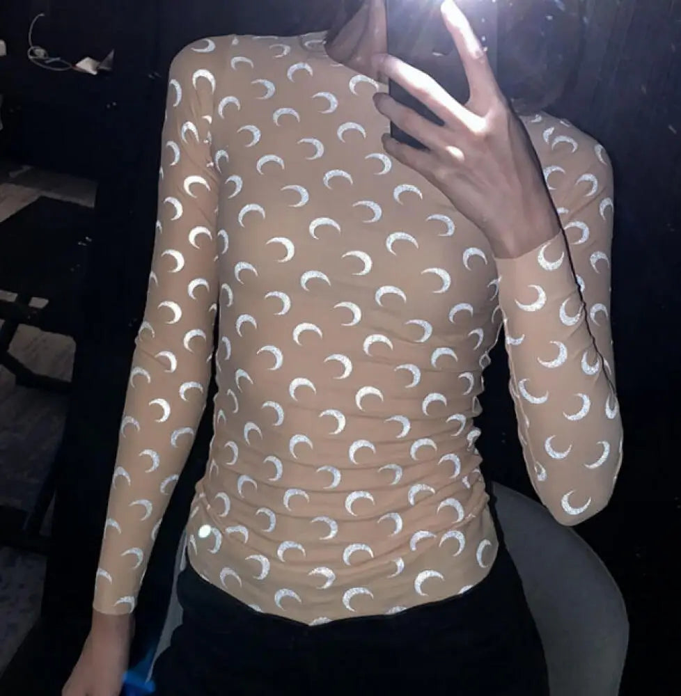 Women Tshirt Long Sleeve New High Street Fashion Night Vision Reflective Moon Print Korean Autumn Sun Protection Slim Fit Top