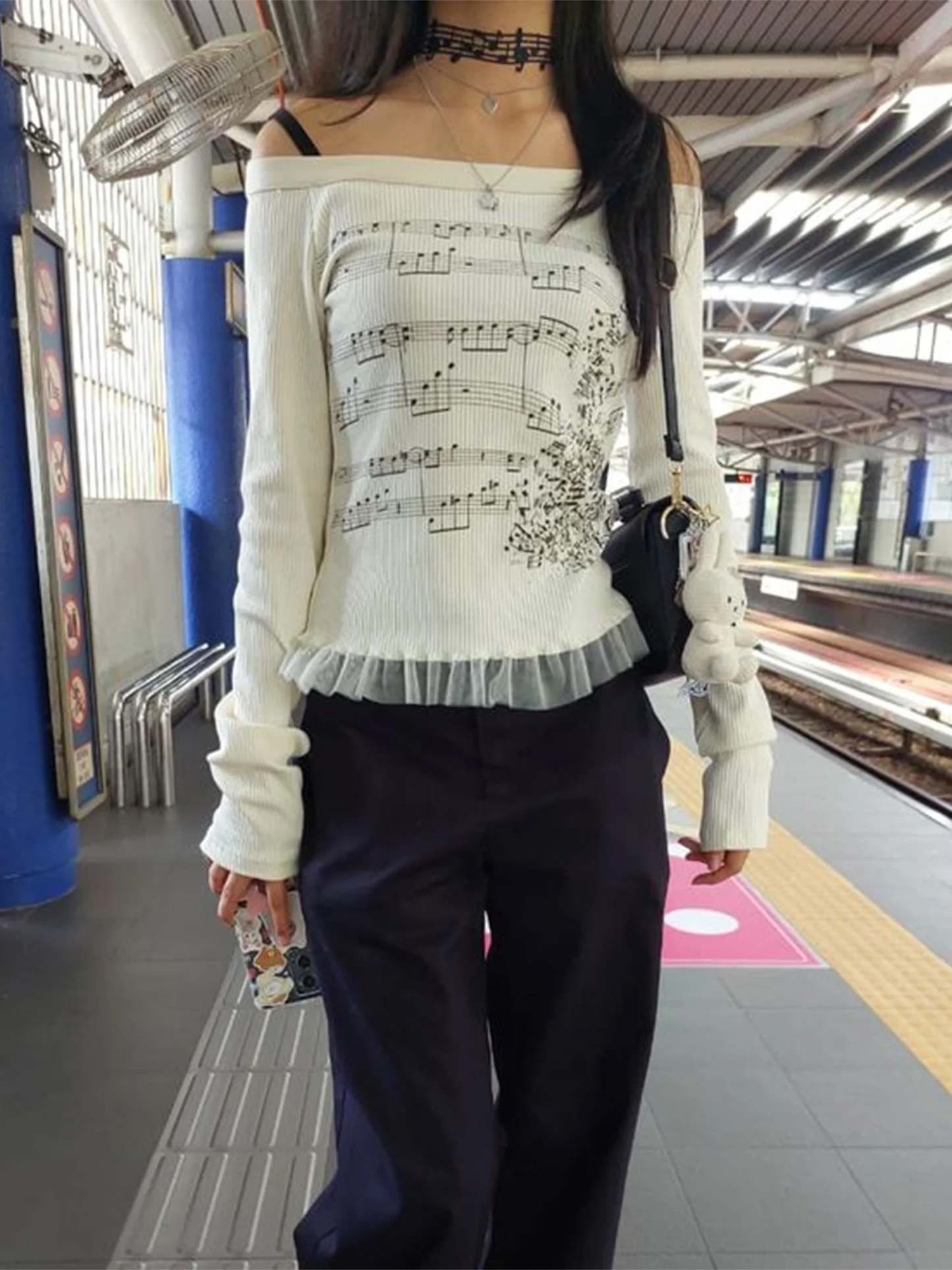 Women Y2K Graphic T-Shirts Long Sleeve Top Off Shoulder Music Score Tee Shirt Aesthetic Fairy T-Shirt Streetwear