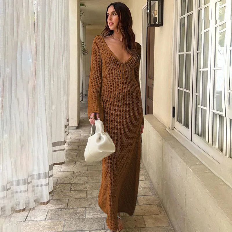 Women's Openwork Knitted Long Dresses 2024 Summer Beach V-Neck Backless Maxi Dress Bikini Cover-ups Beachwear