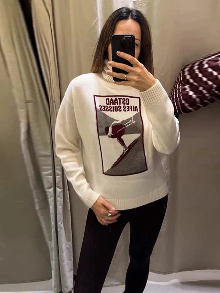 Women's 2 Pcs Suits Printed Pullover Sweater Pants Sets Street Female Turtleneck Long Sleeve Tops High Waist Trousers New Outfit