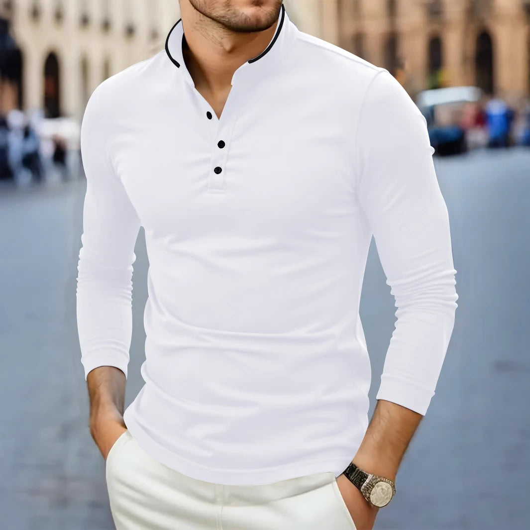 2025 New Men's Casual and Fashionable Solid Color Long Sleeved Stand Up Collar T-shirt Summer Versatile and Comfortable Top