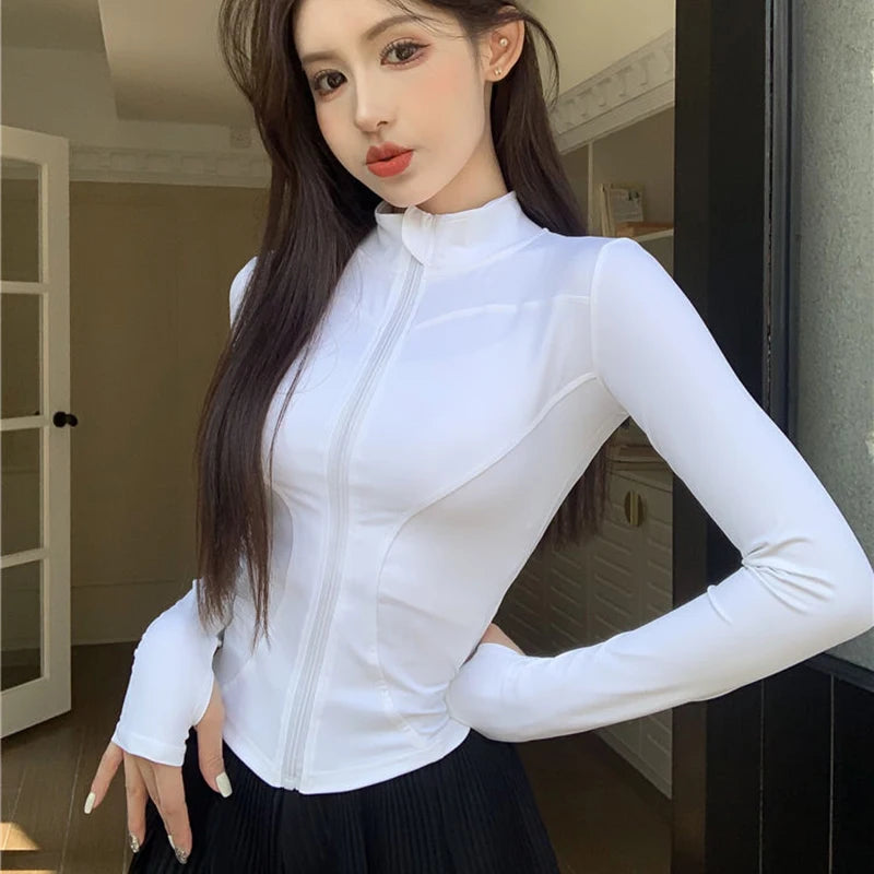 2025 New Slim Fit Long Sleeve T Shirt Women Wild Zipper Up Waist Slimming Yoga Tshirt Woman Tight Stand Collar Crop Tops Female