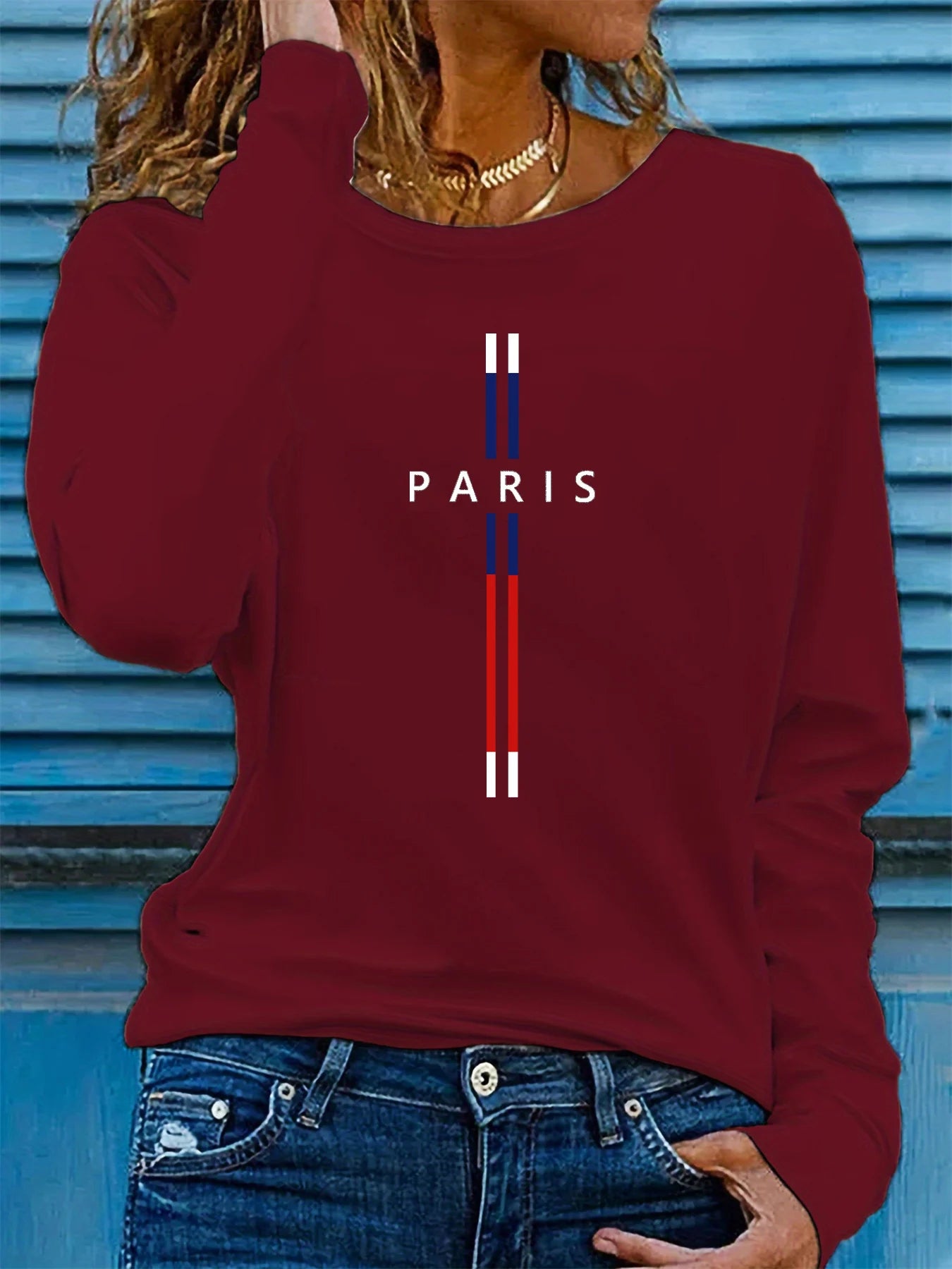 100% pure cotton women's spring and autumn comfortable casual long sleeved Paris graphic printed round neck T-shirt