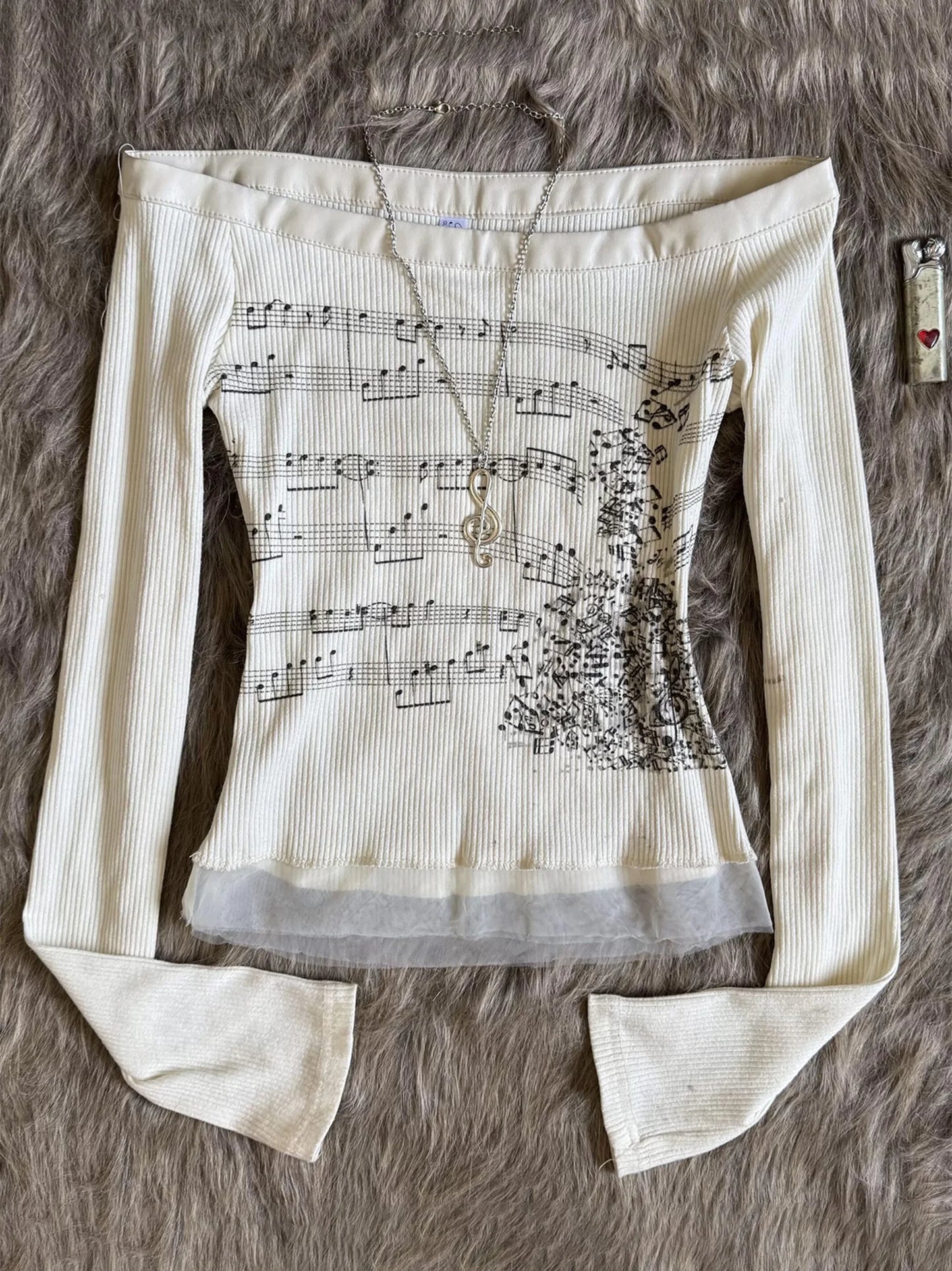 Women Y2K Graphic T-Shirts Long Sleeve Top Off Shoulder Music Score Tee Shirt Aesthetic Fairy T-Shirt Streetwear