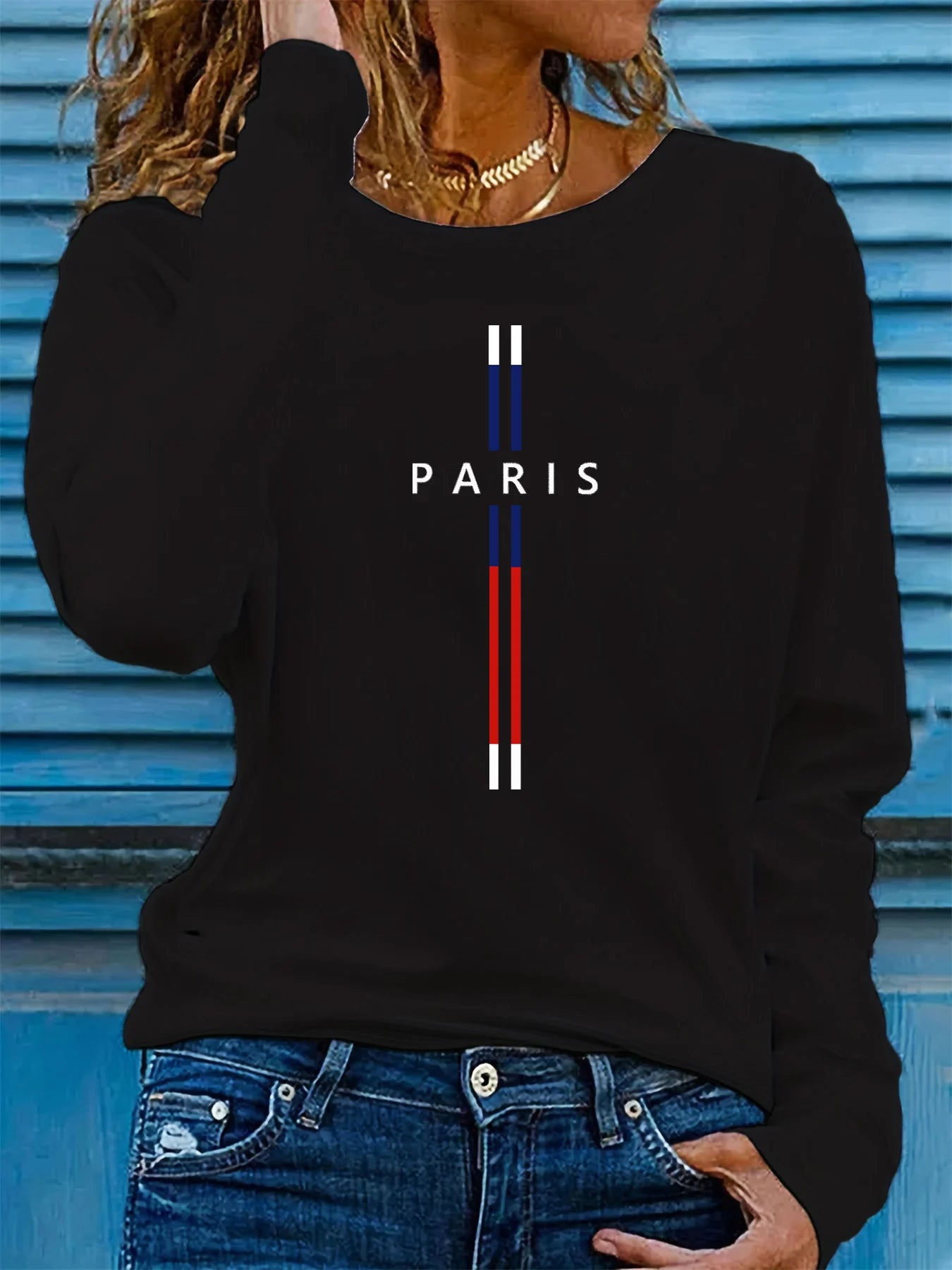 100% pure cotton women's spring and autumn comfortable casual long sleeved Paris graphic printed round neck T-shirt