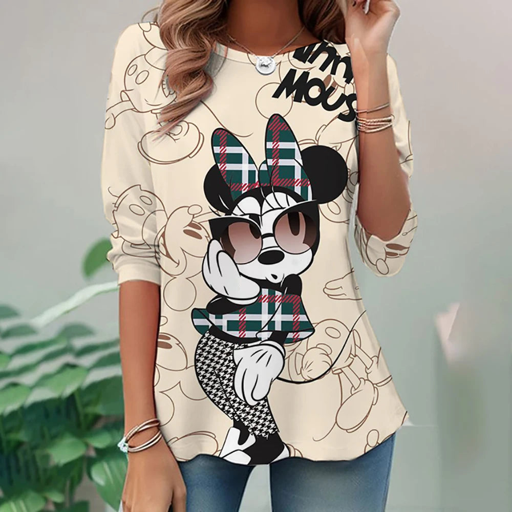 Women's Spring and Autumn New S-3XL Large T-shirt Solid Color Long Sleeve Loose Disney's Mickey Mouse Casual Harajuku Waist T-sh
