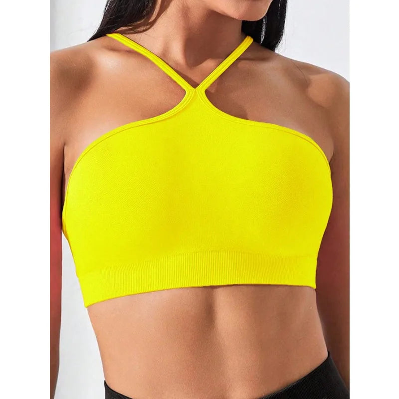 Women's Criss Cross Slim Fit Sports Cami Top Seamless Halter Crop Tee Shirt Tops Workout Tops