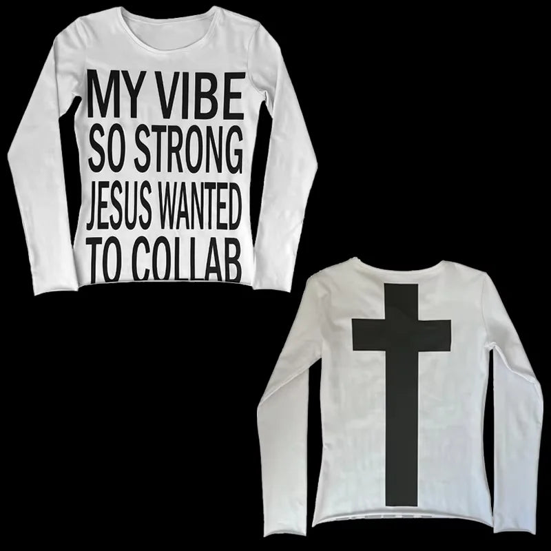 Y2k style aesthetic sweet and sexy long sleeved top for women's casual gothic punk printed T-shirt Harajuku Grunge clothes Emo