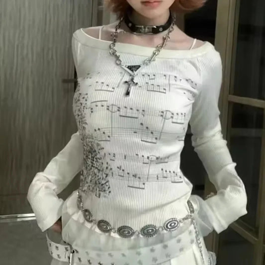 Women Y2K Graphic T-Shirts Long Sleeve Top Off Shoulder Music Score Tee Shirt Aesthetic Fairy T-Shirt Streetwear