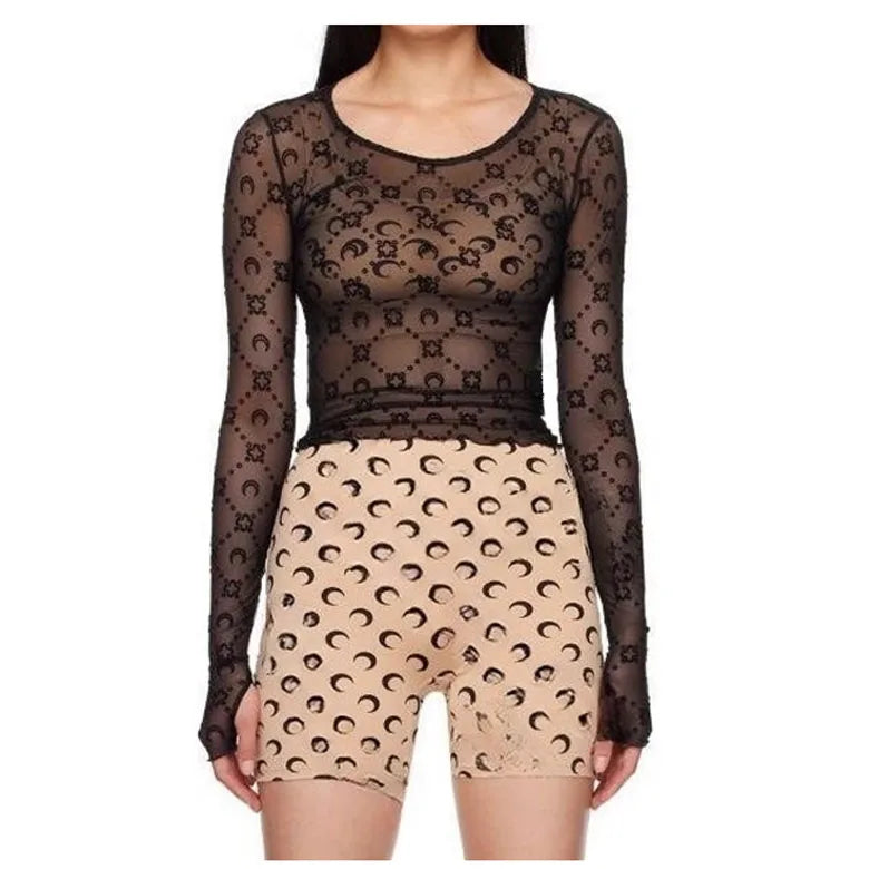 Women Tshirt Long Sleeve Korean Sexy Sweet Spicy Top Hollow Out Mesh Plush Moon Print Street Shorts Mushroom Edge Tight Fit