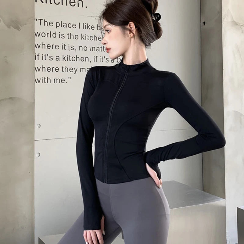 2025 New Slim Fit Long Sleeve T Shirt Women Wild Zipper Up Waist Slimming Yoga Tshirt Woman Tight Stand Collar Crop Tops Female