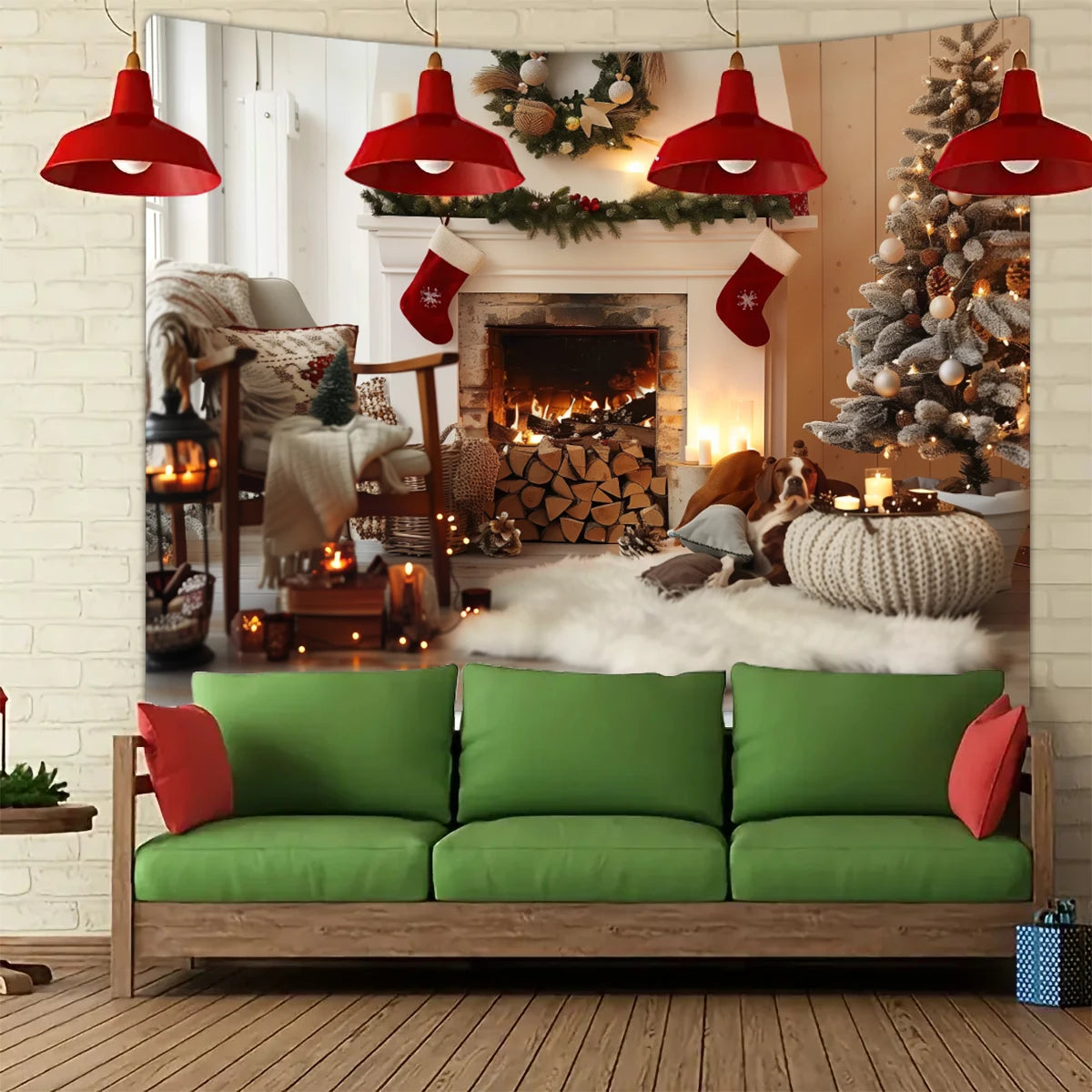 1pc Christmas tapestry, snow background banner outside the Christmas tree window, Christmas fireplace tapestry