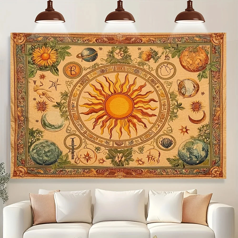 1pc Bohemian celestial tapestry with sun, moon, sunflower and butterfly pattern - Vibrant yellow polyester wall hanging
