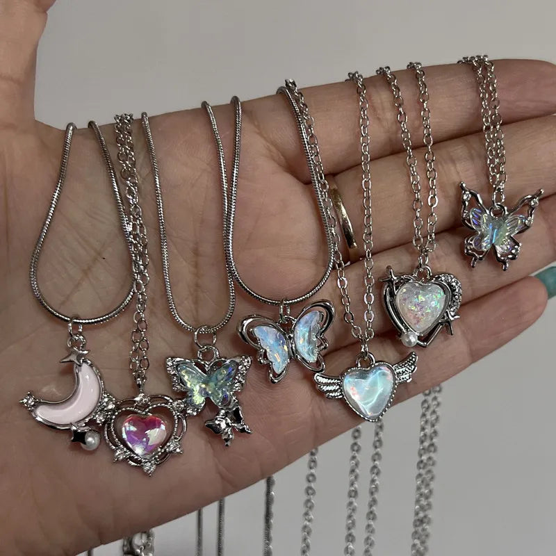 Y2K Crystal Butterfly Heart Necklace Fashion Kpop Shiny Clavicle Chain Necklaces for Women Girls New Trend Party Gifts Jewelry