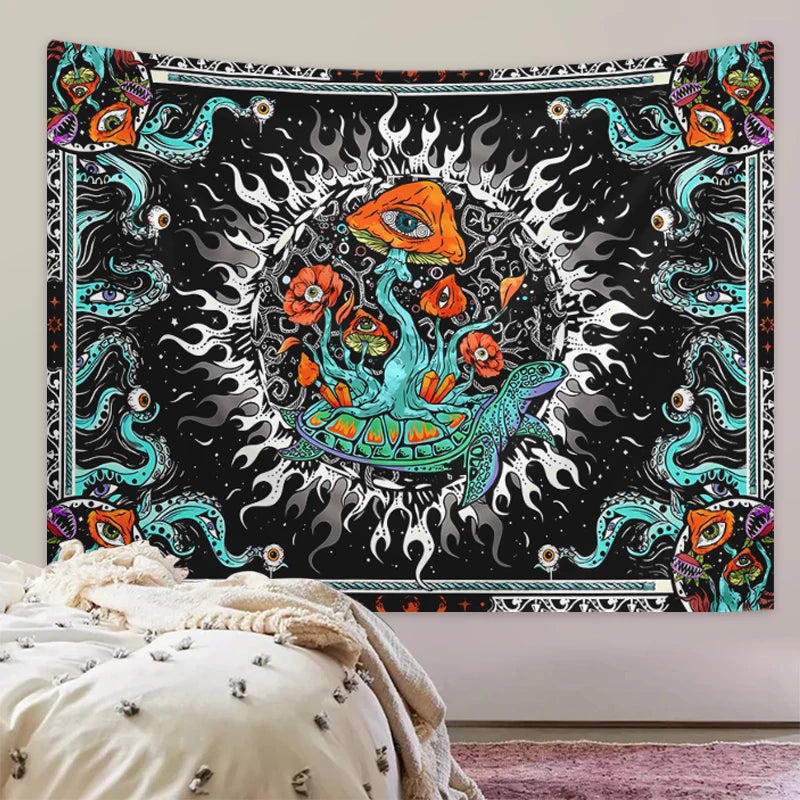 1pc Bohemian burning sun mushroom octopus tapestry, psychedelic eye marine creature tapestry