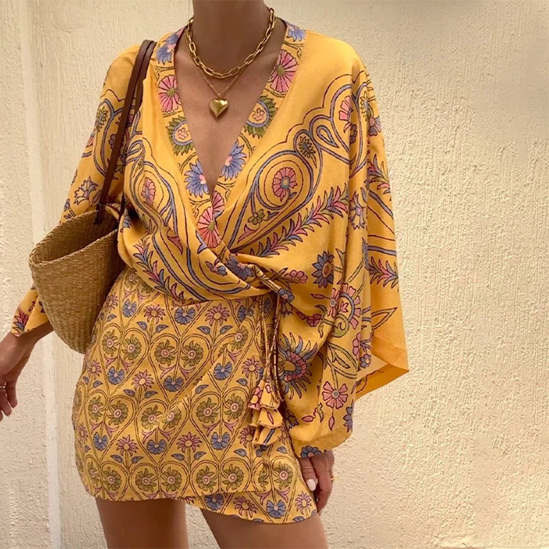 2025 New Flaxmaker Summer Women Floral Print Mini Dress Loose V-Neck Long Sleeves Casual Vacation Beach Party Short Dress