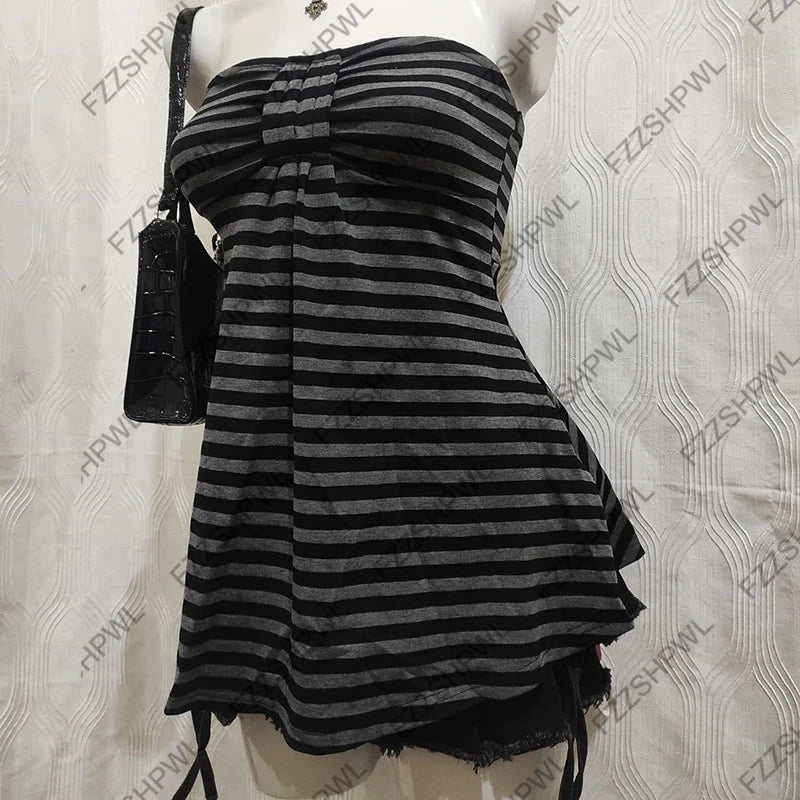 Y2k Tank Top Streetwear Punk Harajuku Stripe Print Unique Crop top Spicy Girls Casua Rock Goth Sleeveless Top Chic Hip Hop Vest