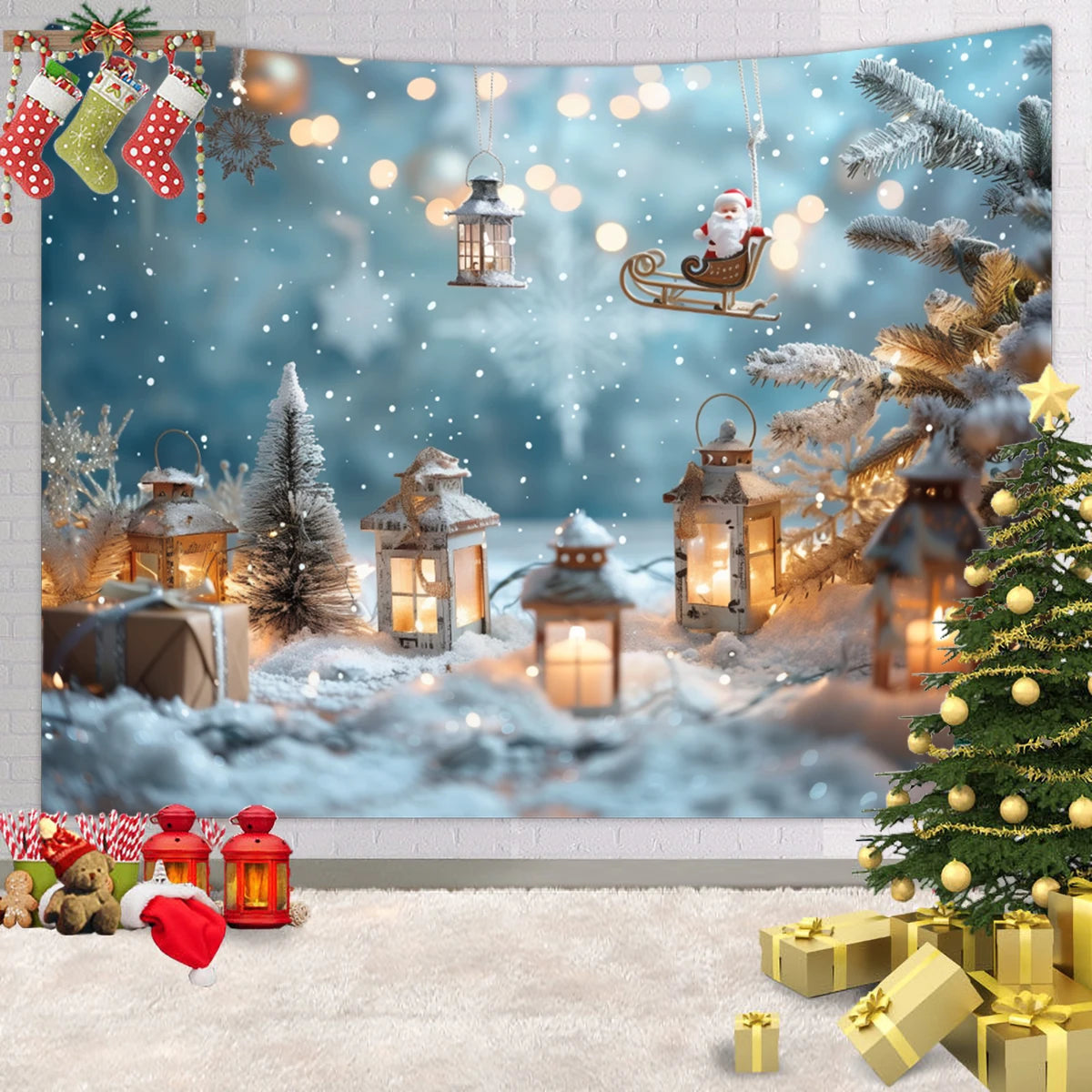 1pc Christmas tapestry, snow background banner outside the Christmas tree window, Christmas fireplace tapestry