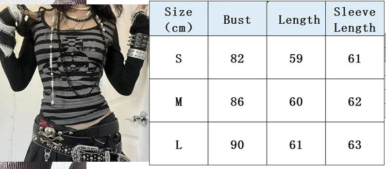 Y2K Grunge Cyber Mall Goth Thermal T-shirt Skulls Graphic Print Long Sleeve Pullovers Tops Women 90s Vintage Aesthetic Tees