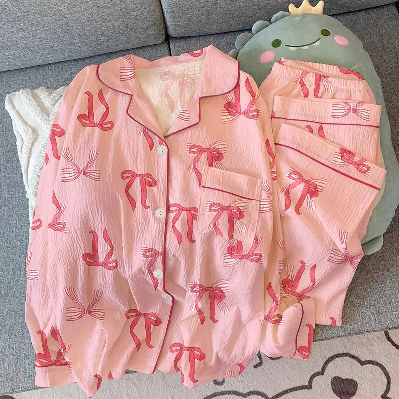 Women's Pajamas Set Bow Print Sleepwear Button Down Tops Long Pajama 2 Piece Suit Pyjama Femme Nightwear Loungewear for Winter