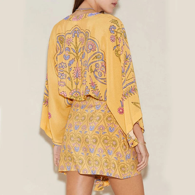 2025 New Flaxmaker Summer Women Floral Print Mini Dress Loose V-Neck Long Sleeves Casual Vacation Beach Party Short Dress