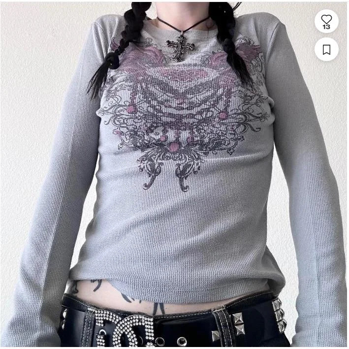 2000s Y2K Cyber Grunge Vintage T-shirt Graphic Print O Neck Long Sleeve Tee Women Slim Fit Crop Tops EGirl Skater Emo Streetwear