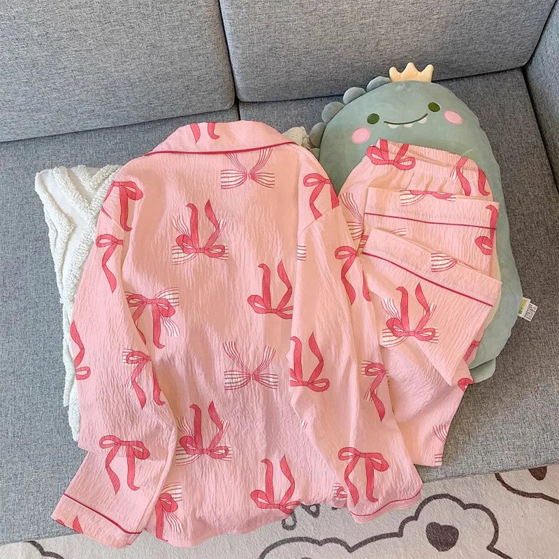 Women's Pajamas Set Bow Print Sleepwear Button Down Tops Long Pajama 2 Piece Suit Pyjama Femme Nightwear Loungewear for Winter