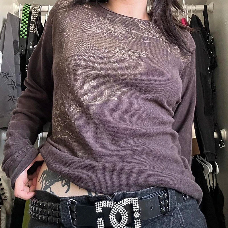 2000s Y2K Cyber Grunge Vintage T-shirt Graphic Print O Neck Long Sleeve Tee Women Slim Fit Crop Tops EGirl Skater Emo Streetwear