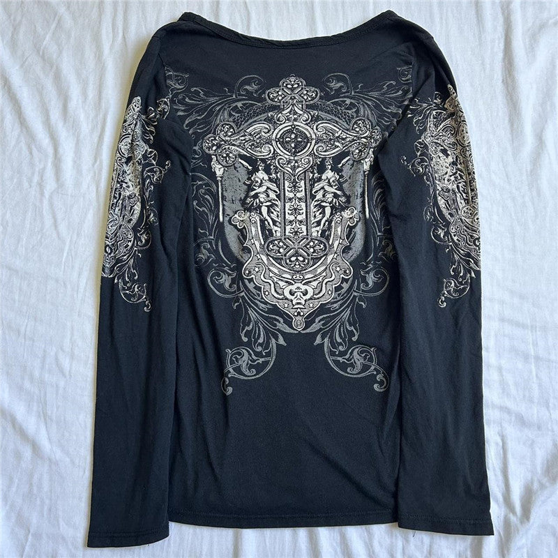 2000s Y2K Cyber Grunge Vintage T-shirt Graphic Print O Neck Long Sleeve Tee Women Slim Fit Crop Tops EGirl Skater Emo Streetwear