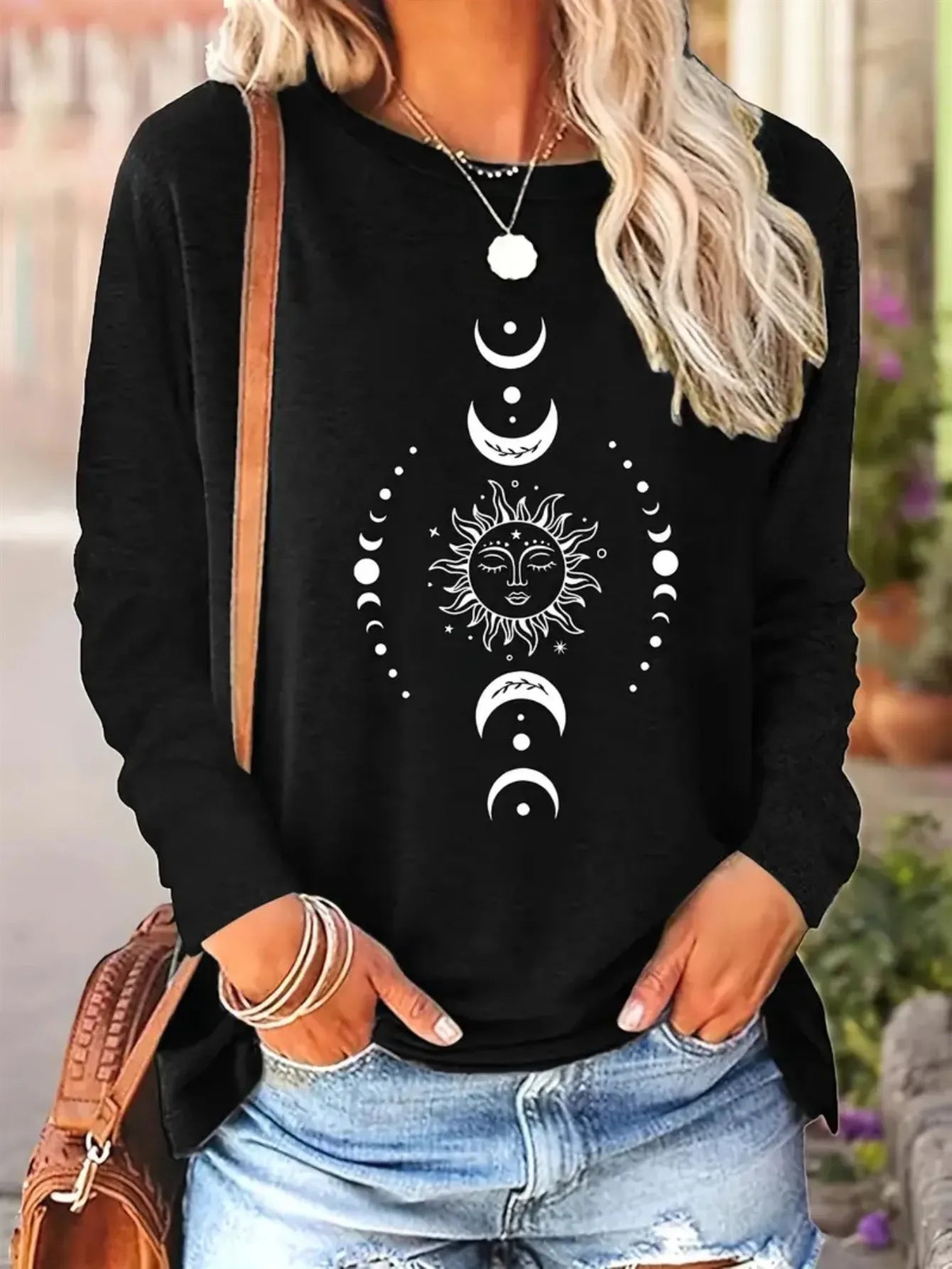 Women's Spring and Autumn 100% Cotton Fashion Casual Loose Leopard Pattern Heart Pattern Printed Round Neck Long Sleeve T-shirt