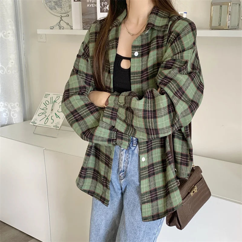 Women Tartan Shirt Long Sleeve Collared Button Up Oversized Plaid Shirt Flannel Jacket Grunge Teenage Girl Spring Summer Outfit