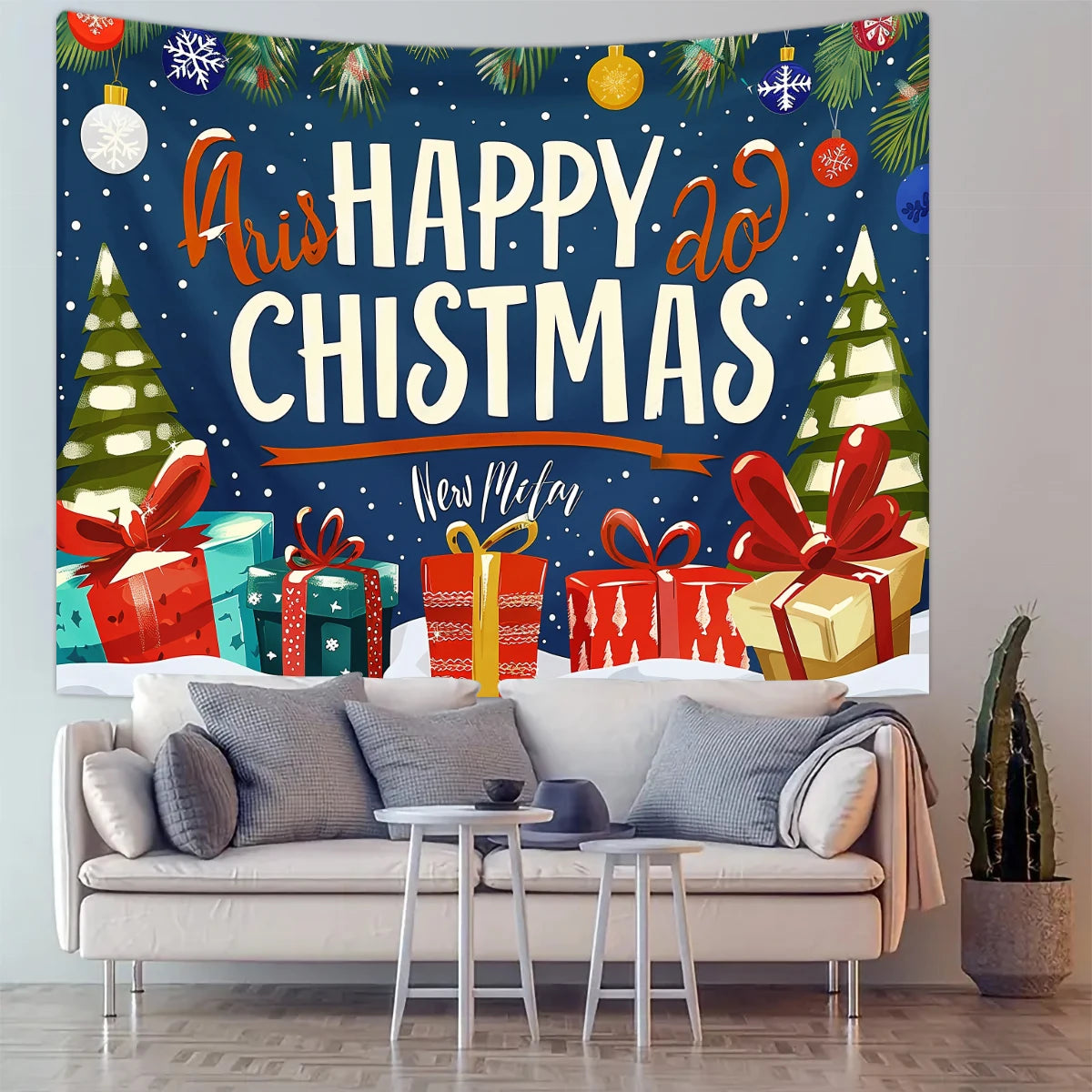 1pc Christmas tapestry, snow background banner outside the Christmas tree window, Christmas fireplace tapestry