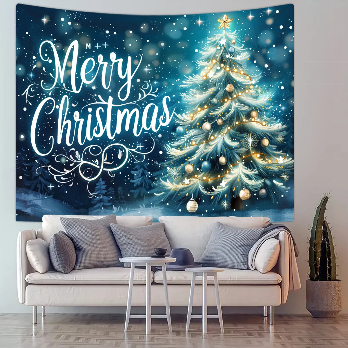 1pc Christmas tapestry, snow background banner outside the Christmas tree window, Christmas fireplace tapestry